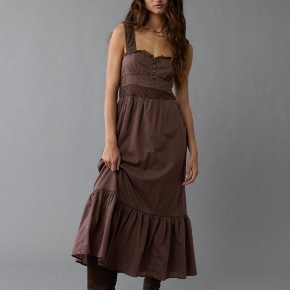 American Eagle Catie Corset Crochet Midi Dress in Brown